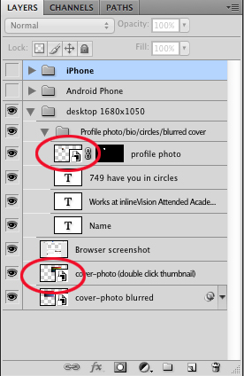 Double-click the layer icons to edit the cover photo and profile image.