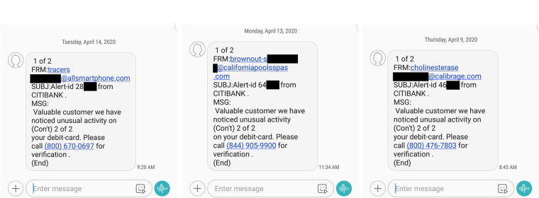 Citibank and Other Bank Scam Text Messages